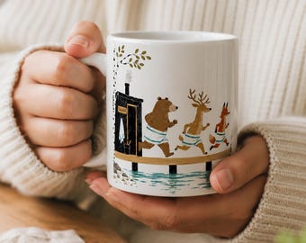 Nordic Sauna Mug Scandinavian Animal Coffee Cup Finnish Hygge Lake Gift Woodland Ceramic