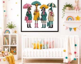 Whimsical Animal Raincoats Print | Watercolor Fashion Wall Art (Square)