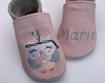 Krabbelschuhe Lederpuschen Barfußschuhe Personalisiert Eule Boho Taufgeschenk Geschenk Geburt Babyshower Kindergarten