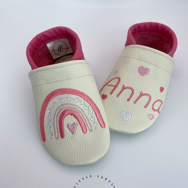 Krabbelschuhe Lederpuschen Barfußschuhe Personalisiert Regenbogen Boho Taufgeschenk Geschenk Geburt Babyshower Kindergarten