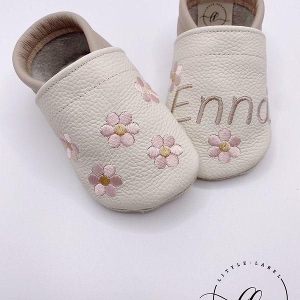 Krabbelschuhe Lederpuschen Barfußschuhe Personalisiert Blumen Boho Beige Taufgeschenk Geschenk Geburt Babyshower Kindergarten