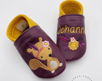 Krabbelschuhe Lederpuschen Barfußschuhe Personalisiert Eichhörnchen Boho Taufgeschenk Geschenk Geburt Babyshower Kindergarten