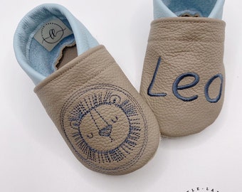 Krabbelschuhe Lederpuschen Barfußschuhe Personalisiert Löwe Taufgeschenk Geschenk Geburt Babyshower Kindergarten