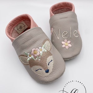 Krabbelschuhe Lederpuschen Barfußschuhe Personalisiert Reh Boho Taufgeschenk Geschenk Geburt Babyshower Kindergarten Bild 1