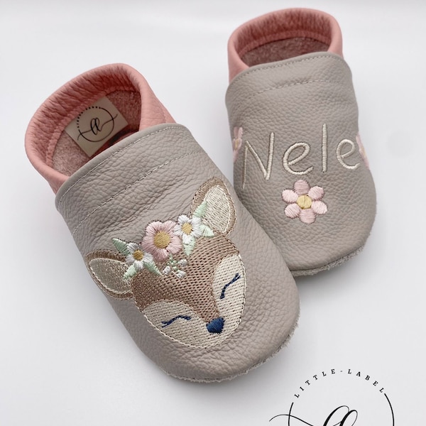 Krabbelschuhe Lederpuschen Barfußschuhe Personalisiert Reh Boho Taufgeschenk Geschenk Geburt Babyshower Kindergarten