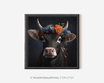 May include: A framed print featuring a black cow adorned with a vibrant floral crown of orange, blue, and purple flowers. The cow's dark fur contrasts with the colorful blooms, creating a striking image. The print is set against a dark background.