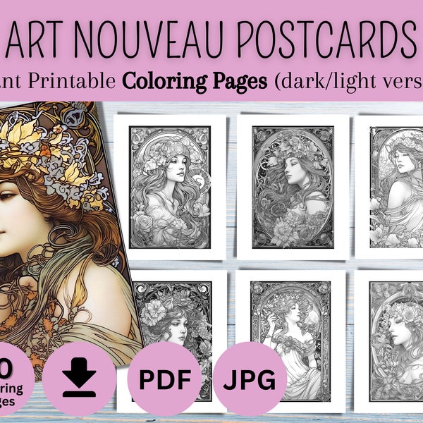 10 Art Nouveau Coloring pages, printable coloring book, instant download, antique postcard style, Alfons Mucha, Jugendstil