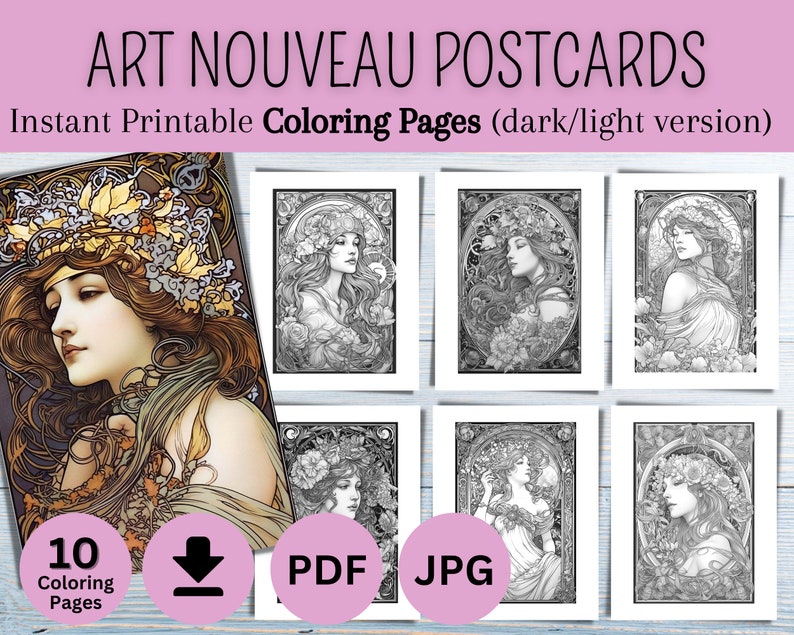 10 Art Nouveau Coloring Pages, Printable Coloring Book, Instant