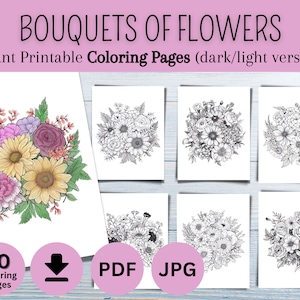 Flower Bouquet Coloring Pages - Instant Download PDF with 20 Unique Pages to Color - Printable and Relaxing Activity for Adults and Kids