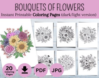 Flower Bouquet Coloring Pages - Instant Download PDF with 20 Unique Pages to Color - Printable and Relaxing Activity for Adults and Kids