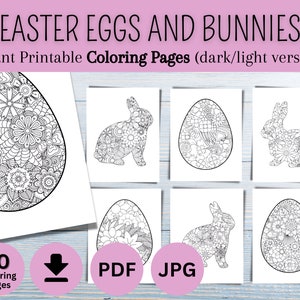 20 Easter Coloring Pages - Eggs and Bunnies -  Printable Coloring Book - Relaxing Egg Coloring Digital Download, Mandala Pattern