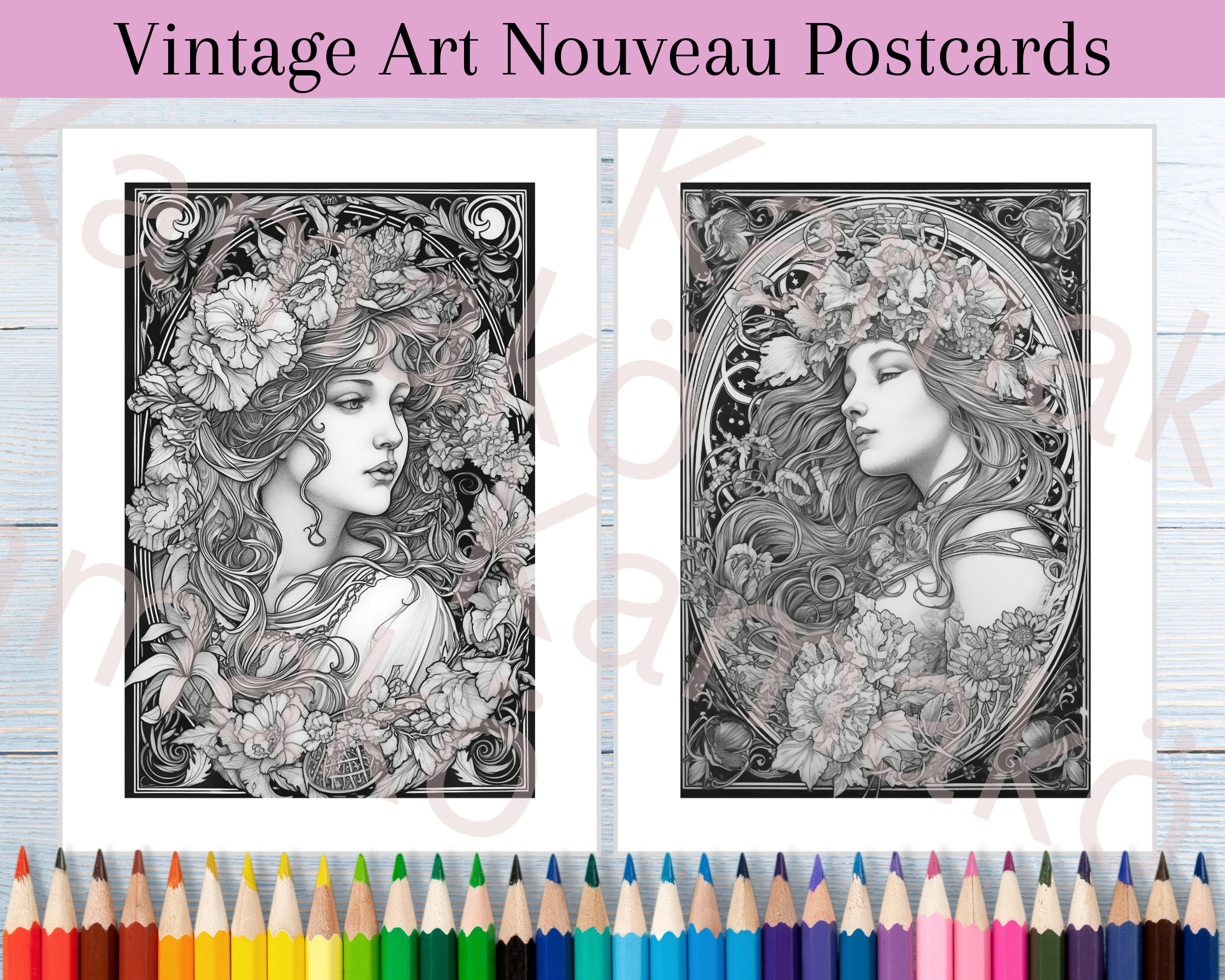 10 Art Nouveau Coloring Pages, Printable Coloring Book, Instant ...