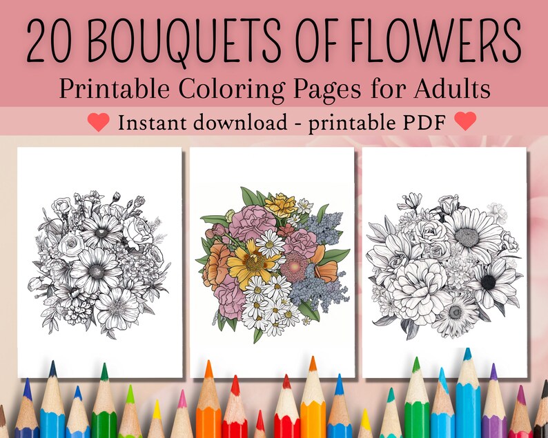 Flower Bouquet Coloring Pages Instant Download PDF With 20 - Etsy