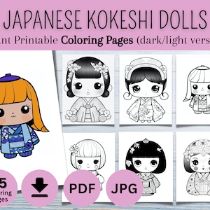 May include: A set of 35 printable coloring pages featuring Japanese Kokeshi dolls. The dolls are drawn in a cute, cartoon style and are wearing traditional Japanese clothing. The pages are available in both dark and light versions.
