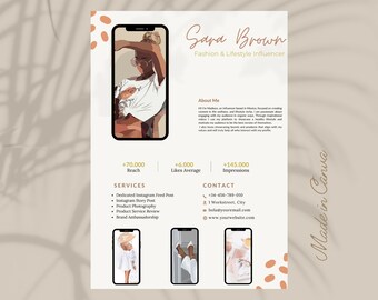 1 Page Media Kit Template| Instagram Media Kit| Influencer Rate Sheet Template| Blogger Press Kit | Facebook Tiktok Instagram Template