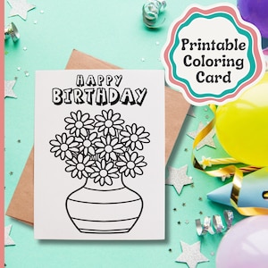 Carte de joyeux anniversaire florale à colorier - carte imprimable bricolage avec fleurs de marguerite téléchargement numérique instantané, impression à la maison carte de voeux à colorier