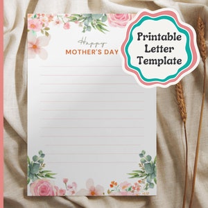Carta del Día de la Madre, idea de regalo de papelería con papel con flores para imprimir, imprimible con páginas en blanco o rayadas, tamaño A4 y carta de EE. UU., archivo digital