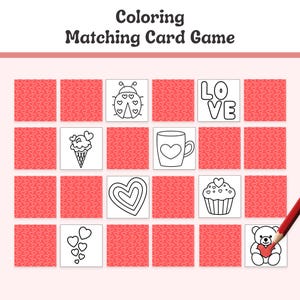Juego de memoria imprimible, tarjetas de amor para niños, actividad para colorear, juego educativo, preescolar, jardín de infantes, educación en casa imprimible
