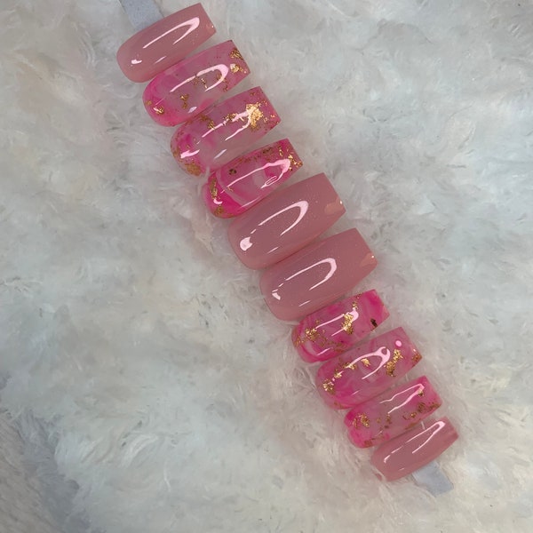 Pink Marble Coffin Nails l Rose Gold Foils l Cute Press On Nails