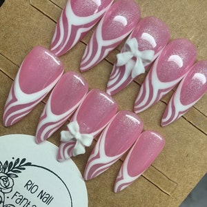 Pink and White French Nails, Swirl Nail Art, Long Stiletto Nails, 3D Bow, Cute Nail Designed Luxury Nails