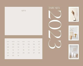 May include: A digital desktop wallpaper in beige and brown tones. The word "January" and the year "2023" are displayed in a large font. The wallpaper includes a calendar, sections labelled "Apps" and "My Goals for 2023", and three framed images.