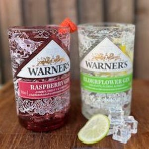 May include: Two clear glass bottles with Warner's Gin labels. The bottle on the left is raspberry gin and the bottle on the right is elderflower gin. Both bottles are filled with ice and garnished with fruit.