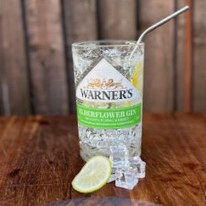 May include: A glass filled with ice and a clear liquid, garnished with a lime wedge. A metal straw is in the glass. The glass has a label that reads "Warner's Elderflower Gin".