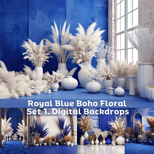 Royal Blue & White Boho Floral Digital Backdrop Set1, For Photography Background, Digital Overlay Maternity, Overlay Room, studio backdrop