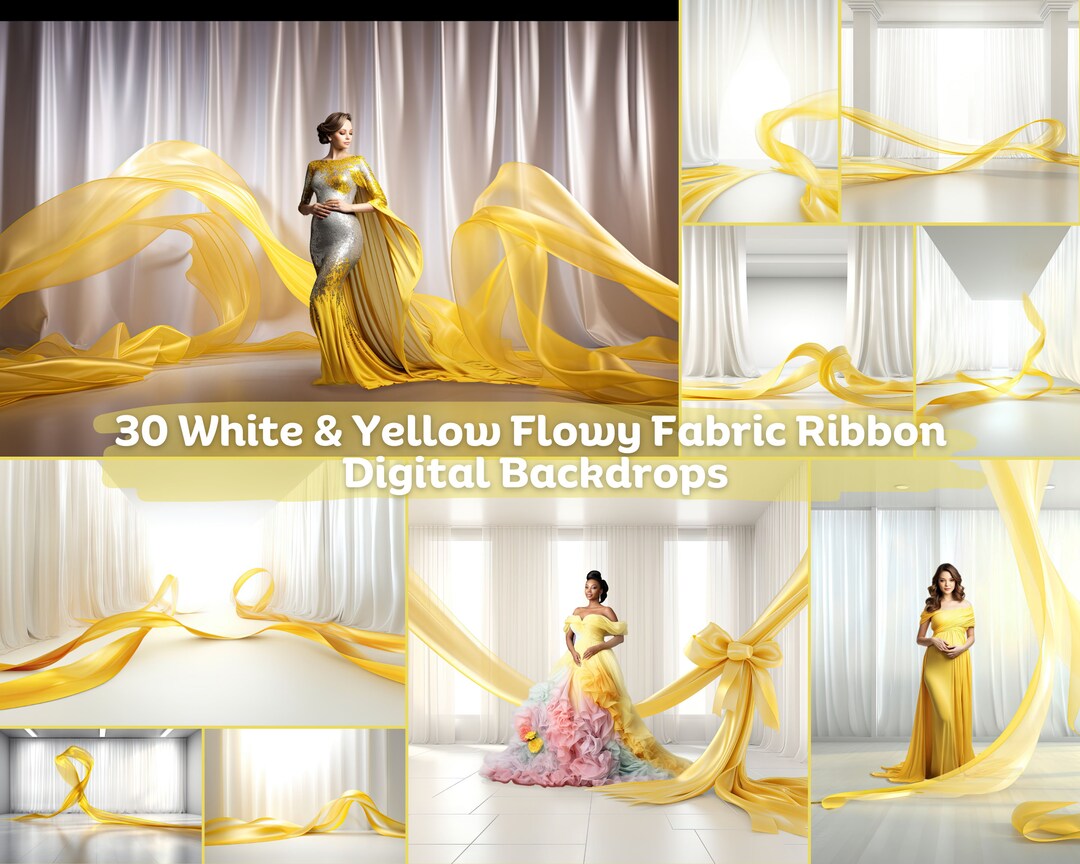 White & Yellow Flowing Fabric Ribbon Digital Backdrops, Maternity ...