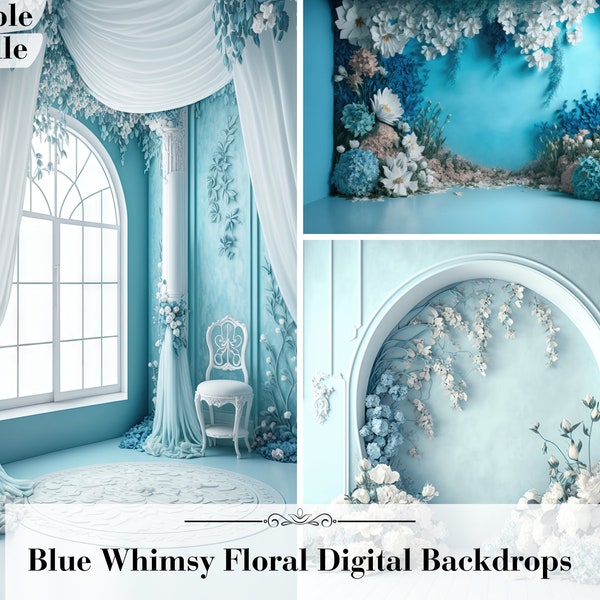 3 Blue Whimsy floral Digital Backdrops, maternity backdrops digital, studio backdrop overlay, floral background overlay photoshop