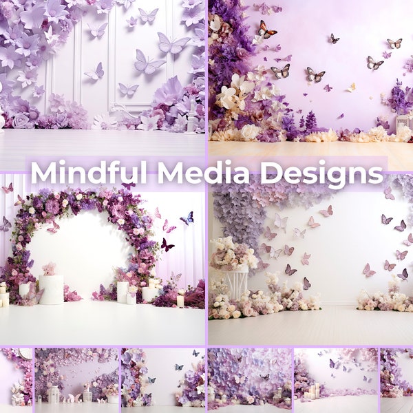 10 Purple Floral & Butterflies Baby Digital Backdrops, Cake Smash Photography, Baby Photo Backdrop, Studio Backdrop Overlays, Baby Composite