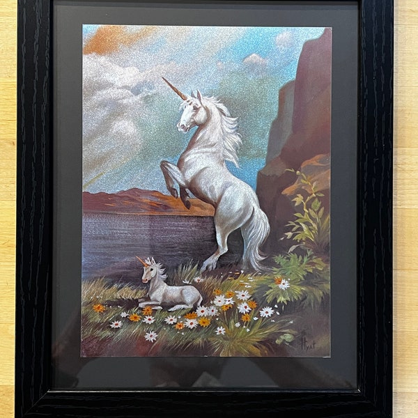 Dufex Foil Print White Unicorn Rising Up With Unicorn Baby on Flowered Ground