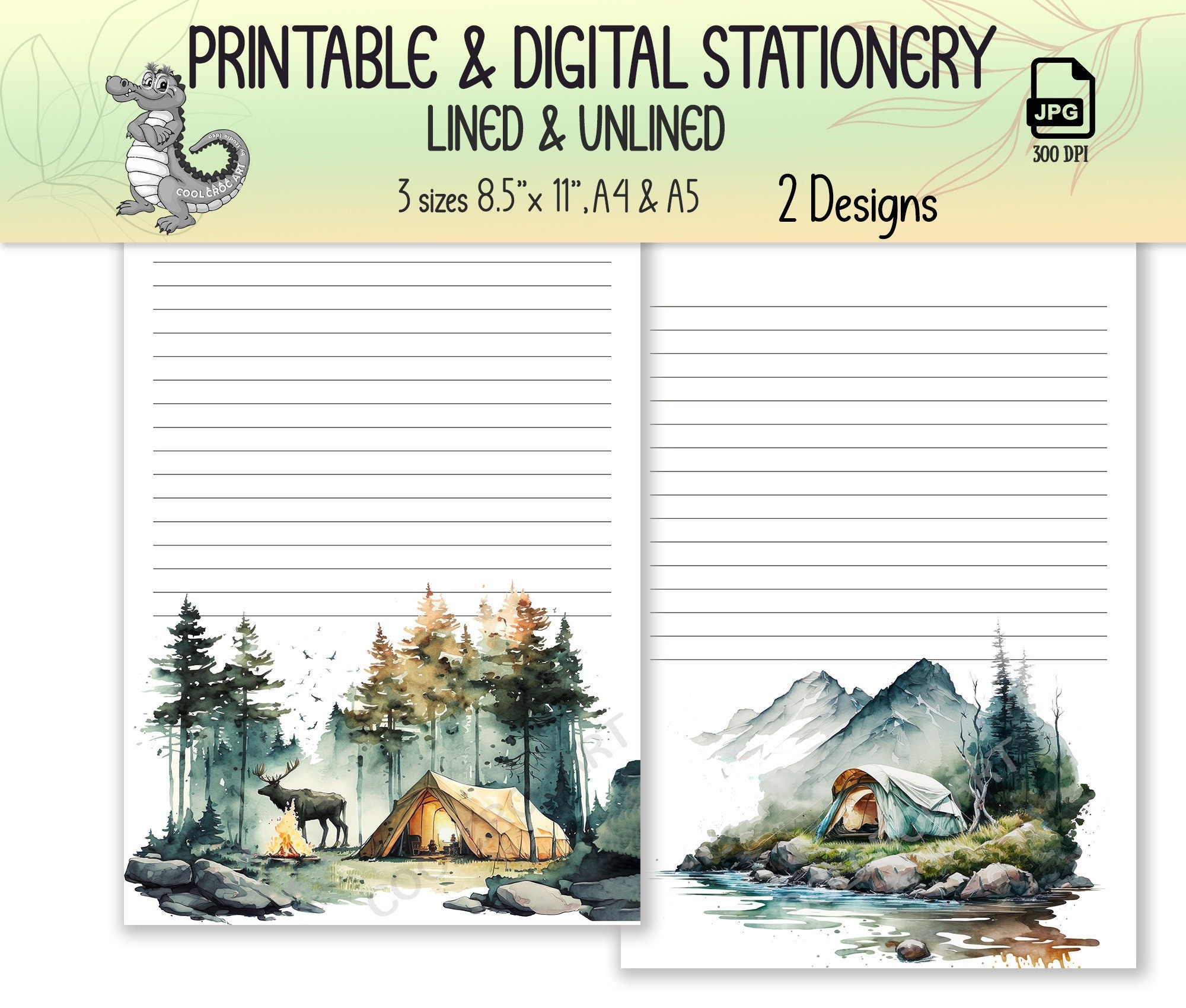 Camping-nature Watercolor Theme Printable-digital Stationery - Etsy