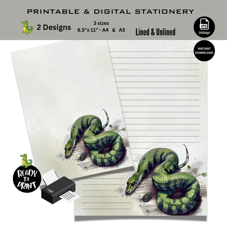 Printable-digital Snake Watercolor Stationery Paper-green - Etsy