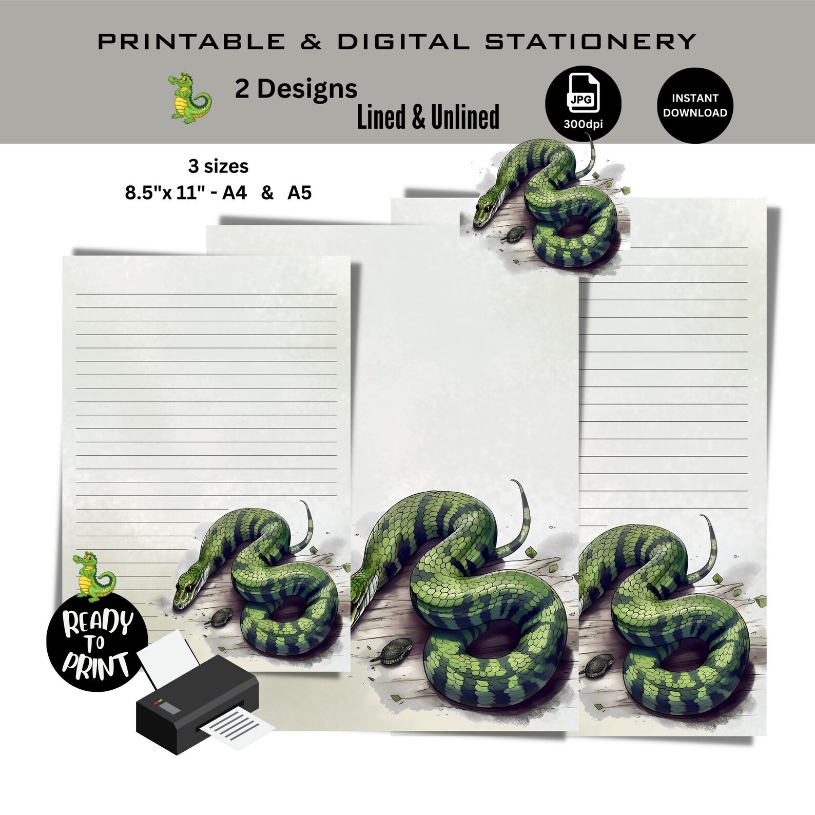 Printable-digital Snake Watercolor Stationery Paper-green - Etsy