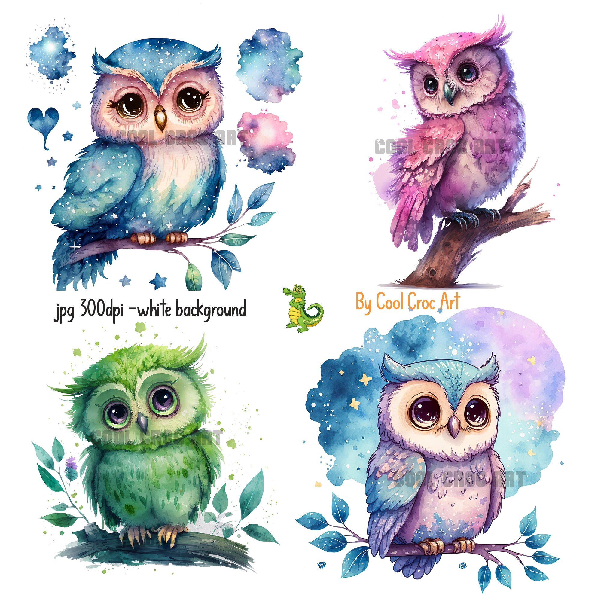 Cute Owl Clipart-watercolor Owls-high Quality Jpeg 300 Dpi - Etsy