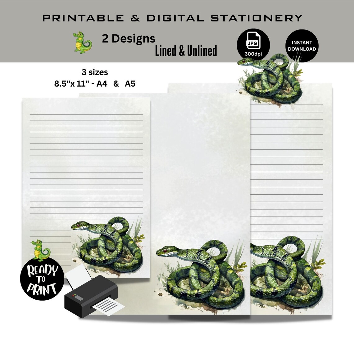 Printable-digital Snake Watercolor Stationery Paper-green - Etsy