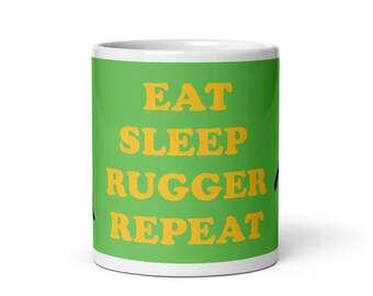 Taza blanca brillante Eat Sleep Rugby Repeat