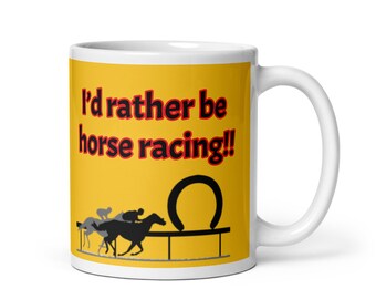 Taza blanca brillante con diseño de carreras de caballos y bolas