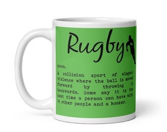 Taza blanca brillante de rugby