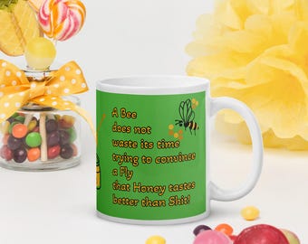 Taza blanca brillante de 325 ml con cita de abeja