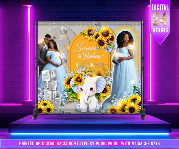 PRINTED or DIGITAL, Elephant Sunflowers Baby Shower Backdrop, A