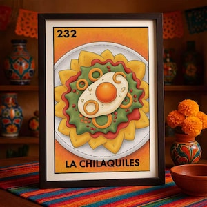 Póster de lotería de La Chilaquiles, arte de pared de comida mexicana, impresión de desayuno, divertido regalo de decoración de cocina, envío impreso únicamente