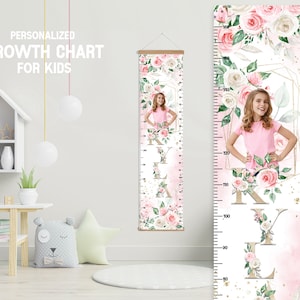 Roze bloemen hoogtemeter met hangend frame, gepersonaliseerde bloemen jongen meisje groeimeter, Flolar slaapkamer kinderkamer speelkamer, groeimeter