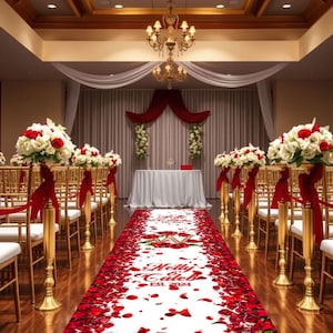 Peut inclure: Un chemin d'allée blanc avec des pétales de roses rouges et le texte "Holly & Caleb Est. 2024" pour une cérémonie de mariage.