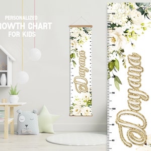 Witte bloemen hoogtemeter met hangend frame, gepersonaliseerde bloemen jongen meisje groeimeter, Flolar slaapkamer kinderkamer speelkamer, groeimeter