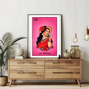 Verzending per post Alleen bedrukt | La Reina - Loteriakaarten | Loteria handgetekende muurkunst | Mexicaanse bingo| Loteria-afdrukken Mexicaanse kunst|