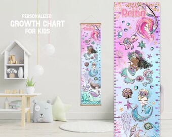 Mermaid Height Chart with Hanging Frame, Personalized under the sea Boy Girl Growth Chart,  mermaid  Bedroom Nursery Playroom, growth chart