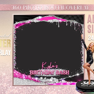 Black Pink Silver Photo Booth Hot  Pink Photo Template Birthday Party Woman birthday photo Booth Overlay Black 360 Photo Template birthday