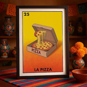 Póster mexicano de lotería, impresión artística de pared de La Pizza, decoración de comida divertida para cocina, comedor, pizzería, regalo, rebanada de queso.